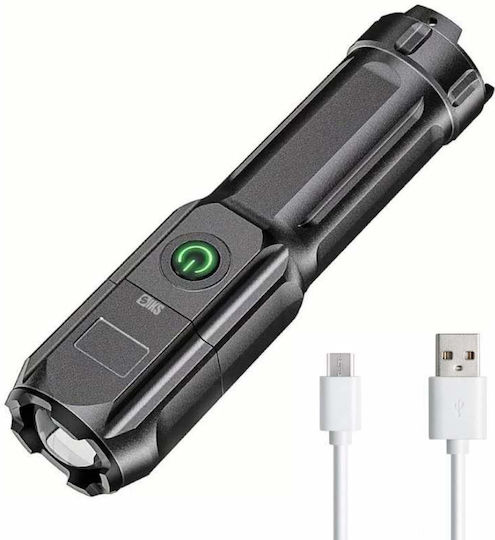 Professional Aluminum Siks Flashlight Adjustable Light Telescopic Focus 200 Meter Range 36w Led Waterproof Ip44 Rechargeable Battery Charging Cable Black