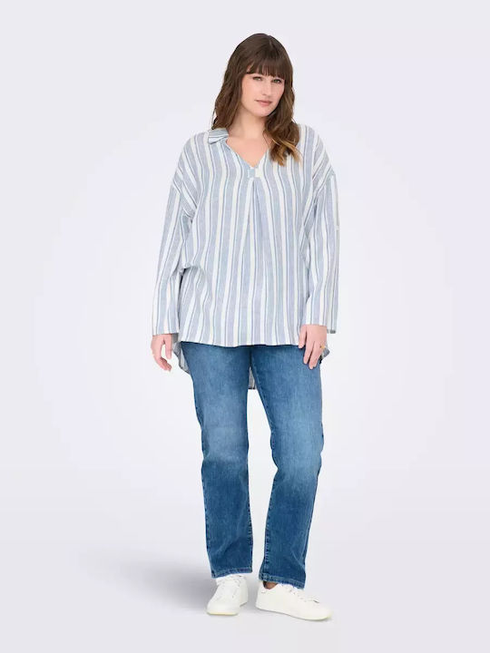 Women's Summer Blouse Linen with 3/4 Sleeve Striped Sky Blue