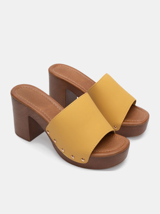 Luigi Mules with Chunky High Heel in Yellow Color