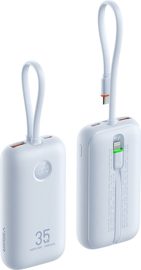 Veger W1188 Power Bank 10000mAh 35W с USB-A порт и USB-C порт Power Delivery / Бързо зареждане 3.0 Светлосин