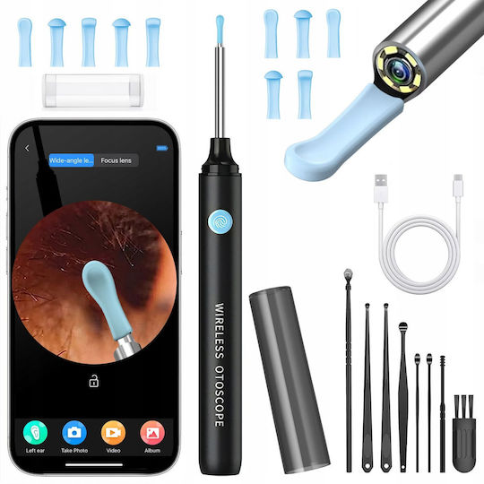 Ear Cleaning Device Otoscope Newevo Full Hd Camera 1080p 7-piece Earwax Removal Tool Kit 6 Led Lights Usb-c Charging Black