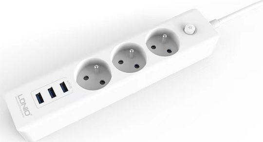 Ldnio Захранваща лента 3 Позиции с 3 USB-A, Превключвател и Кабел 2м