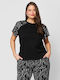 Women's Blouse Cotton Short Sleeve Floral Black