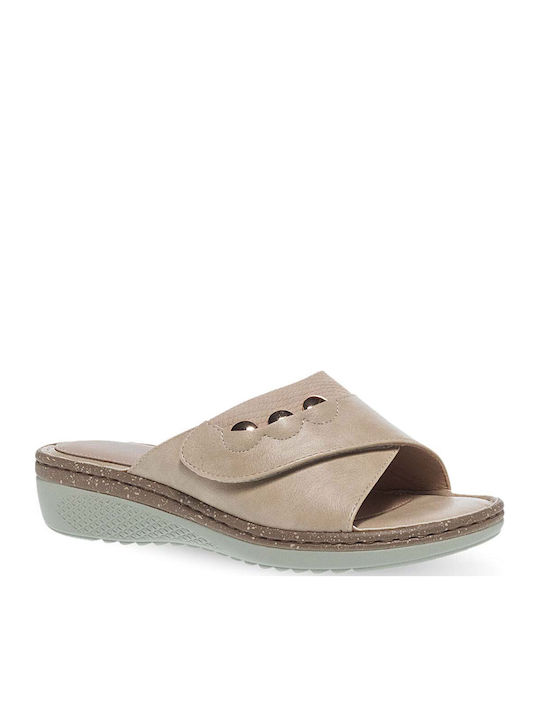 Leder Flache Sandalen für Damen Anatomisch in Beige Farbe