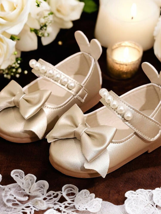 Kids Leather Ballerinas with Hoop & Loop Closure Gold