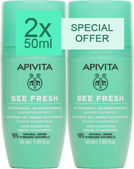 Apivita Bee Fresh Αποσμητικό 24h σε Roll-On Χωρίς Αλουμίνιο 2x50ml