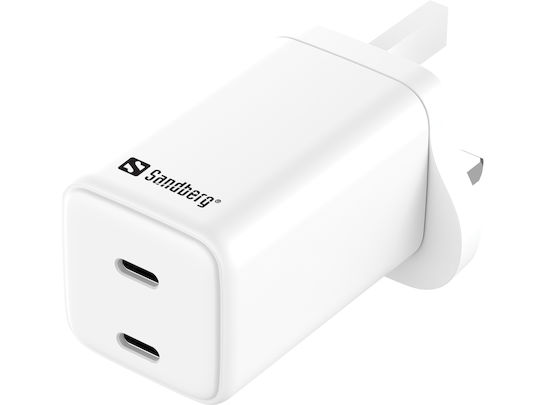 Sandberg Încărcător Fără Cablu cu 2 Porturi USB-C 65W Livrarea energiei Albς (AC Charger Dual UK Socket)