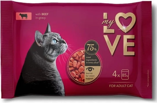 My Love Nassfutter für Erwachsene Katzen in Beutel mit Rindfleisch und Meat 4x85gr