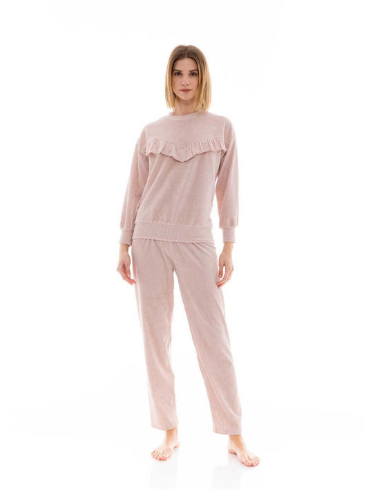 Pink Label Χειμερινό Γυναικείο Σετ Πιτζάμας Βαμβακερό Baby Pink