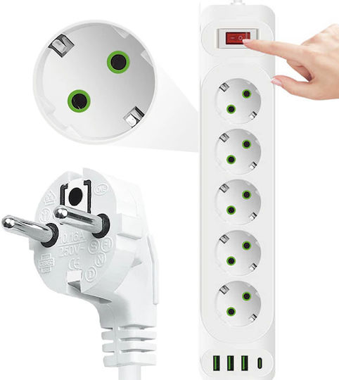 Leewello LW-196 Power Strip with Surge Protection 5 Positions with 3 USB-A, USB-C and Cable 2m