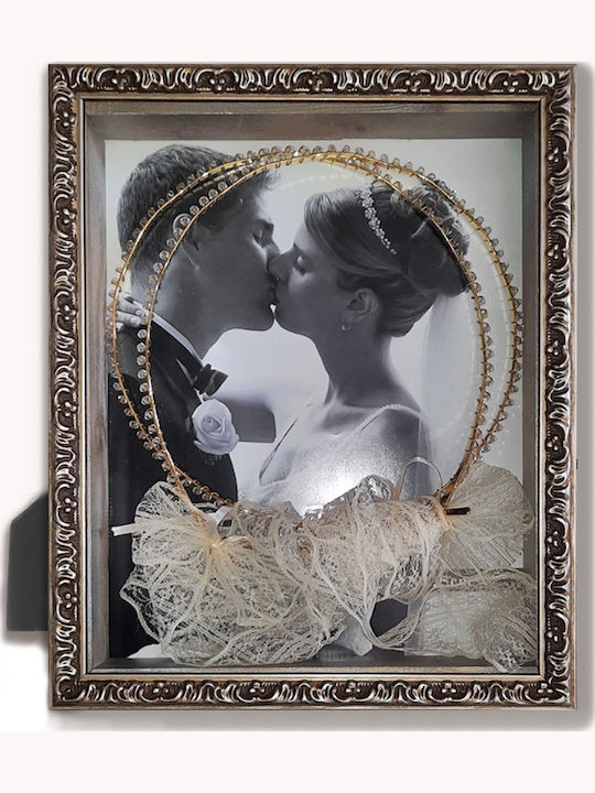 Tabletop Rectangle Wedding Crown Case / Photo Frame Wooden Silver 25x20cm