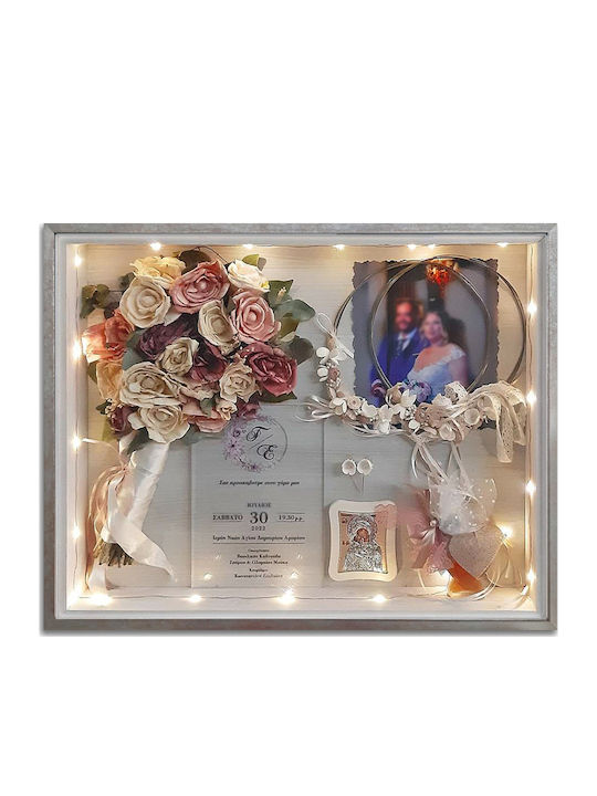 Wall-Mounted Rectangle Wedding Crown Case / Photo Frame Wooden Illuminated - Commemorative with Silver Thin Plaque Frame 50x40cm
