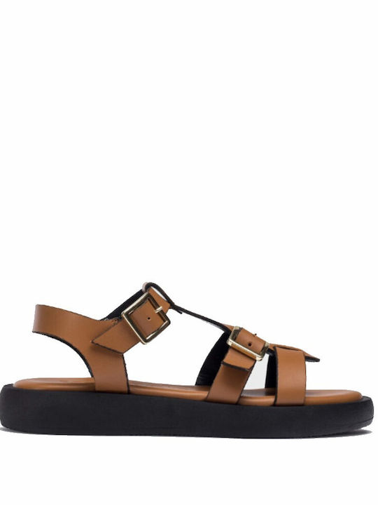 Δερμάτινα Γυναικεία Σανδάλια Flatforms Καφέ