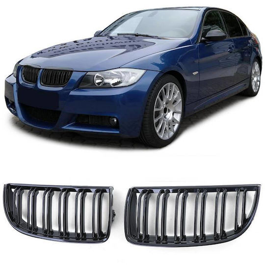 Mask Hearts BMW 3 E90 E91 05-08 M4 Look Double Grille Glossy Black 2 Pieces