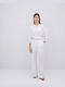Women's Fabric Trousers with Elastic in Wide Line White