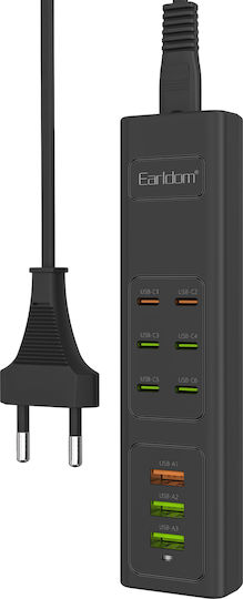 Earldom Πολύπριζο 3 Θέσεων με 3 USB-A, USB-C και Καλώδιο 1m