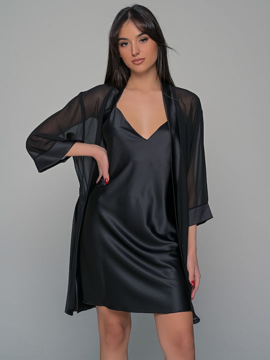 Σετ Διάφανο Κιμονό Σατέν Νυχτικάκι String Μαύρο Set3448_5365-μαύρο Set3448_5365-μαύρο Μαύρο