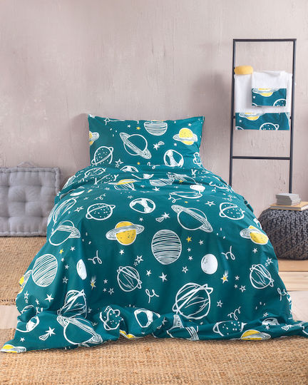 Rythmos Set Kinderbettdecke Einzel mit Kissenbezug Saturn Petrol 160x240cm
