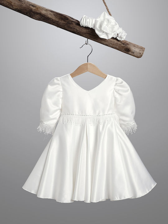 New Life Set De Haine De Botez Ecru Pentru Fete Cu Rochie Și Accesorii Pentru Păr 2 Bucăți