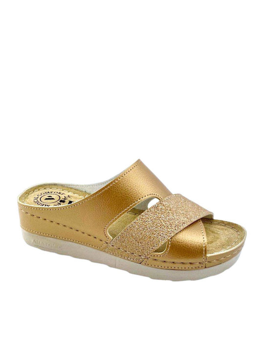 Leather Women's Flat Sandals Anatomic in Gold Color