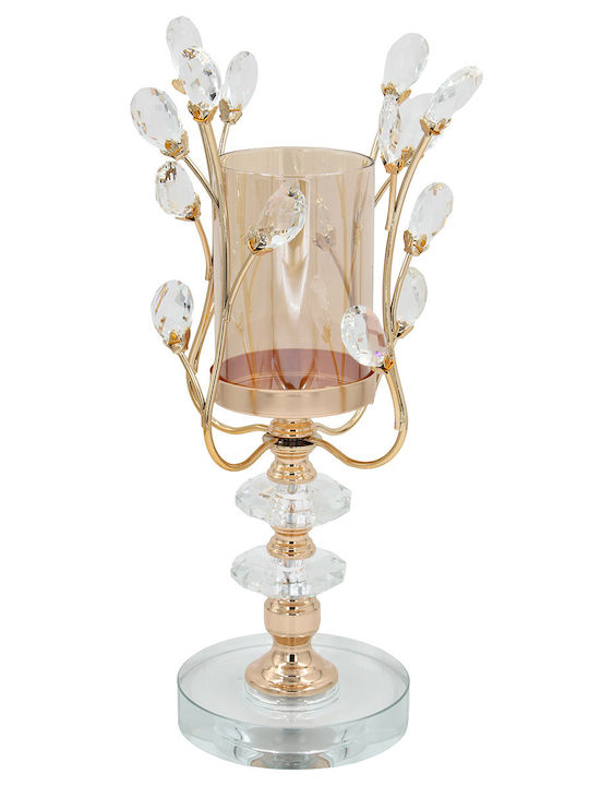 Metal Candle Holder Φ12x36 cm Gold Crystals Amber Glass Keskor 43103