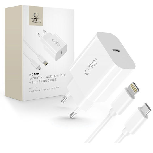 Tech-Protect Charger with USB-C Port and Cable USB-C - Lightning 20W Whites (NC20W)