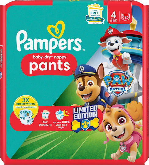 Pampers Πάνες Βρακάκι Baby Dry Paw Patrol No. 4 για 9-15kg 25τμχ