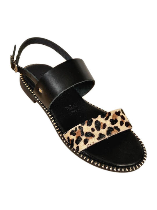 Leather Women's Flat Sandals in Black Color