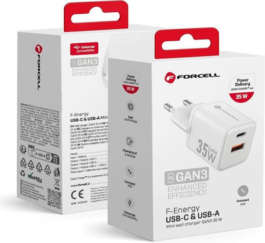 Forcell Charger Without Cable GaN with USB-A Port and USB-C Port 30W Power Delivery / Quick Charge 4.0 Whites (F-Energy Mini VT-35)
