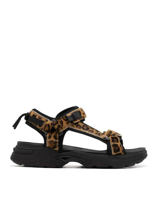 Leather Women's Flat Sandals Sporty in Black Color