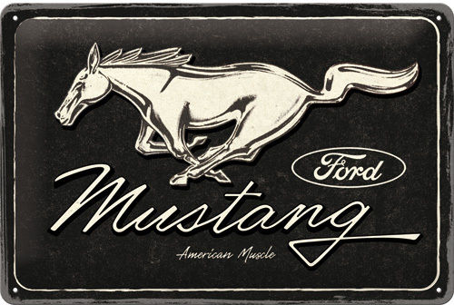 Nostalgisches Metallschild Ford Mustang Pferdelogo Schwarz