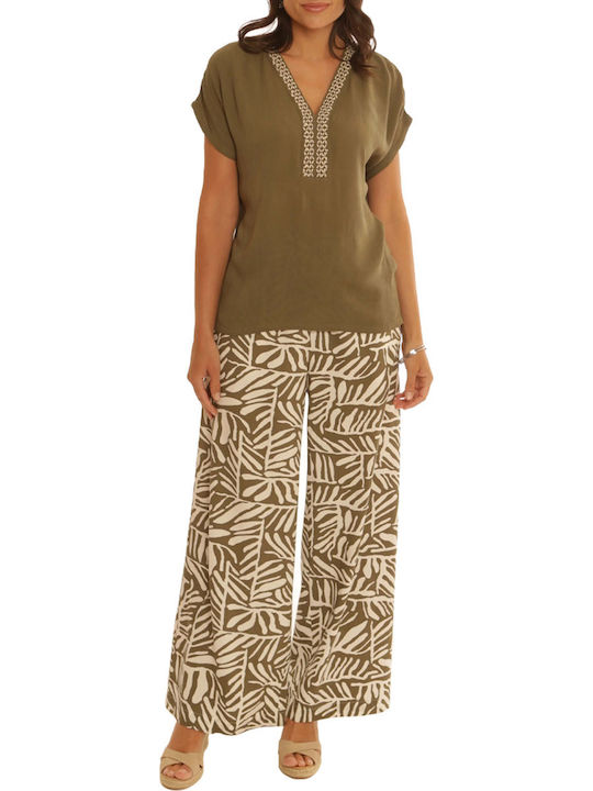 Pomodoro Women's Fabric Palazzo Pants with Elastic Khaki
