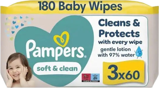 Pampers Soft & Clean Baby Wipes Alcohol-Free & Parabens Free 3x60pcs