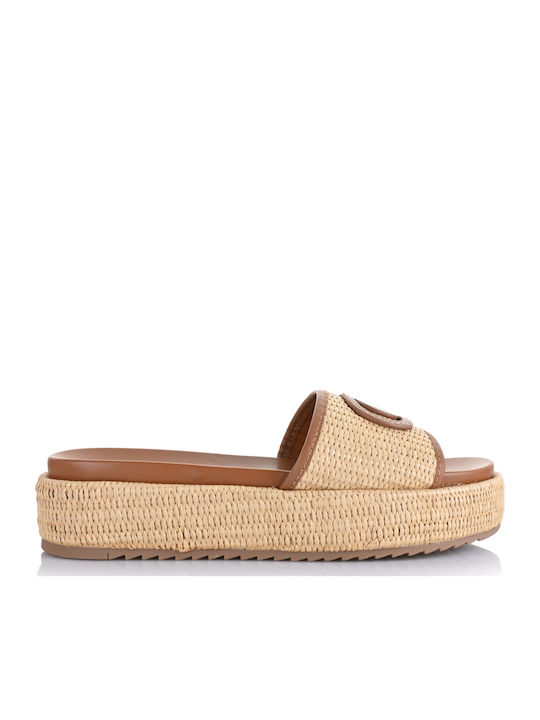 Leather Women's Flat Sandals Flatforms in Beige Color