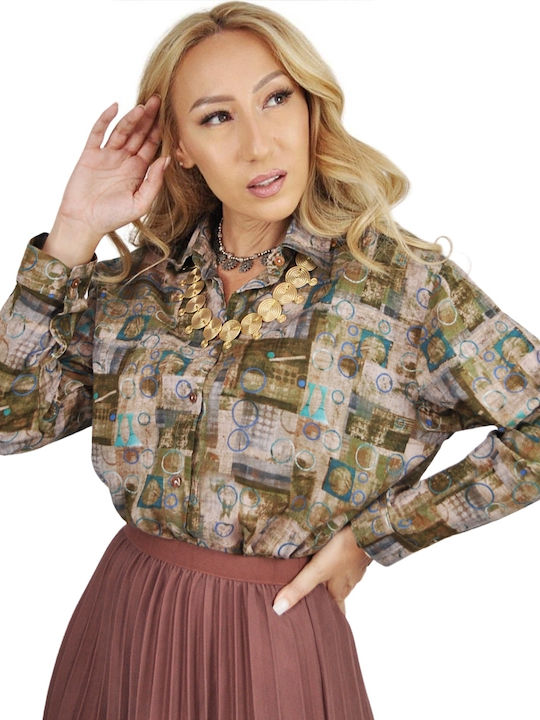 Langärmelig Damen Hemd Beige Druck