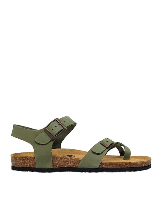 Plakton Leather Women's Flat Sandals Green
