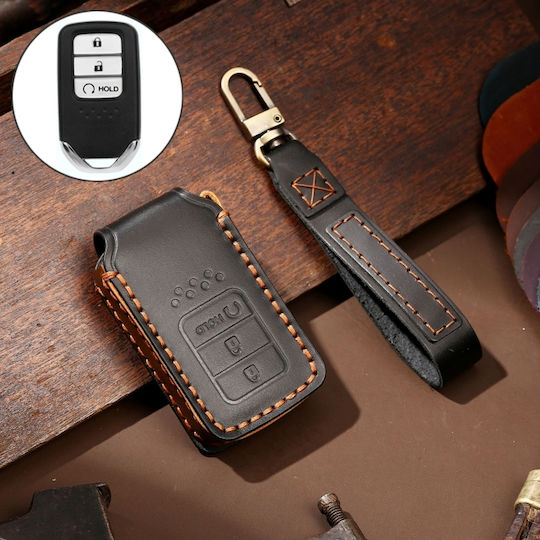 Hallmo Car Cowhide Leather Protective Key Cover Case for Honda Start 3 Buttons Black
