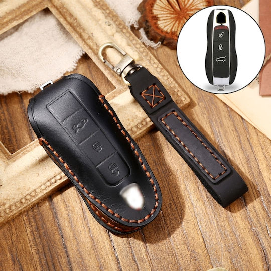 Hallmo Car Cowhide Leather Key Cover Key Case Porsche Macan 718 2021 A Style Black