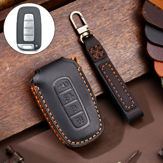 Hallmo Car Cowhide Leather Protective Key Cover Case Kia K2 K3 K5 4 Buttons Black