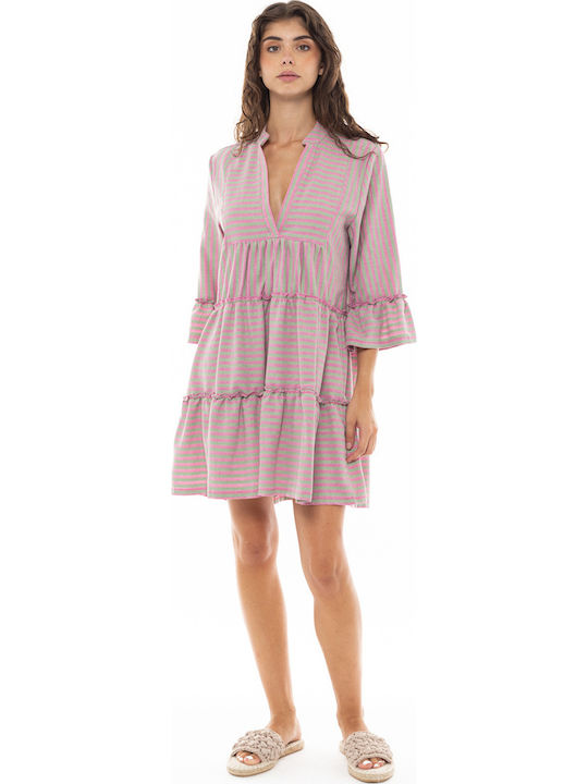 Damen Strandbekleidung Pink Label Kurzer Kaftan Streifen Pink Grün 3/4 Ärmel Baumwolle