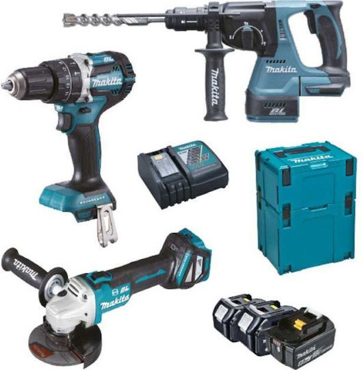 Makita DLX3196JX1 Σετ Γωνιακός Τροχός, Δραπανοκατσάβιδο & Πιστολέτο με 2 Μπαταρίες 2Ah και Θήκη
