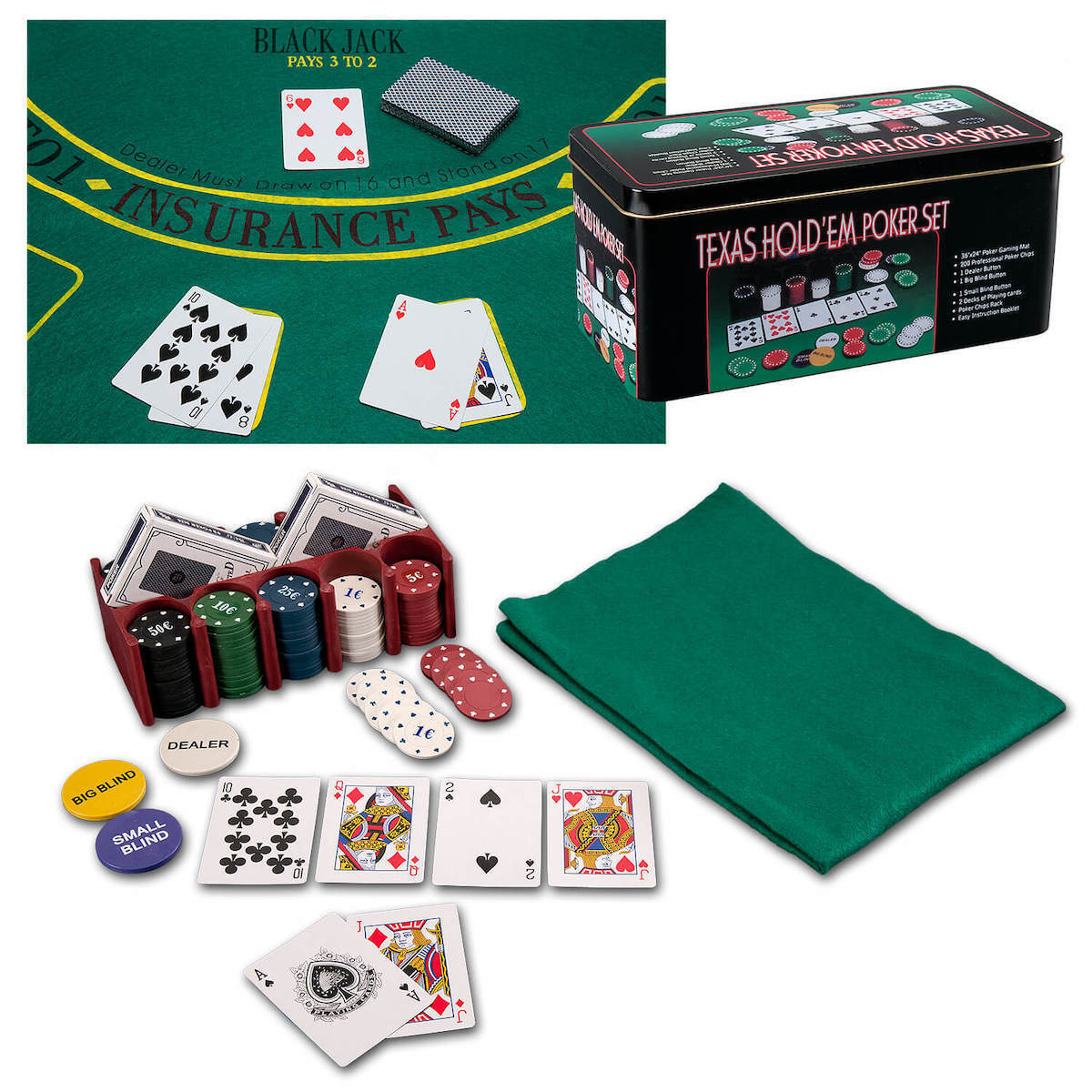 Texas Hold'em Pokerset 200 Chips Metalen Blik Speelmat spel