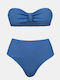 Schulterfreies Bikini-Set mit hoch taillierten Höschen in geknittertem Königsblau