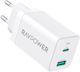 RAVPower Φορτιστής Χωρίς Καλώδιο GaN με Θύρα USB-A και Θύρα USB-C 45W Power Delivery Λευκός (RP-PC171)