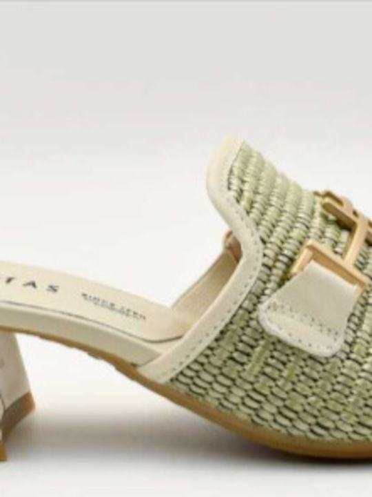Leather Mules with Chunky Low Heel in Green Color