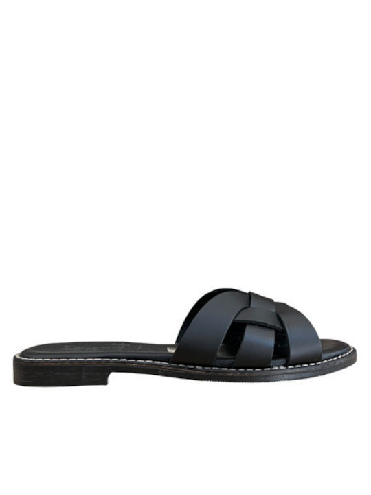 Leather Women's Flat Sandals in Black Color