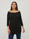 Basic Women's Tunic Dress with 3/4 Sleeve & Boat Neckline Black