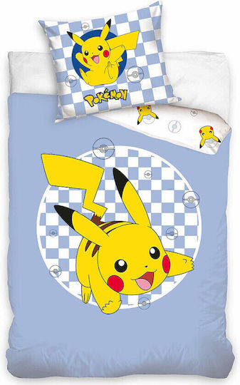 Pokemon Checkered Комплект Детски Плик за Завивка Единичен с Калъфка Памучен Светлосин 140x200бр