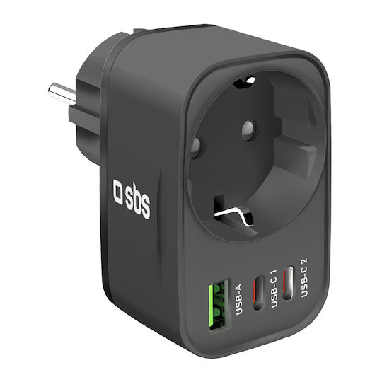 SBS Φορτιστής με Ενσωματωμένο Καλώδιο με Θύρα USB-A και 2 Θύρες USB-C 30W Power Delivery Μαύρος (TRPLUG1USB2CPD)
