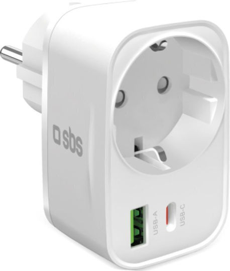 SBS Charger with Built-in Cable with USB-A Port and USB-C Port 20W Power Delivery Whites (TRPLUG1USB1CPD)